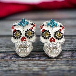 NWT Sugar Skull Earrings - Rhinestone Halloween  and Dia De Los Muertos Jewelry
